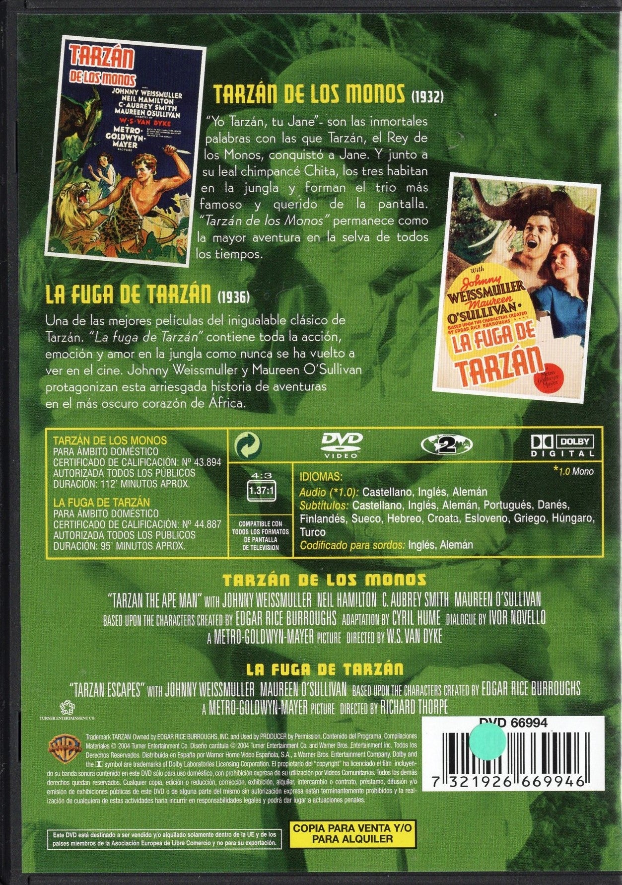 Tarzan - viidakon valtias & Tarzanin pako (1932/36) DVD KÄYTETTY